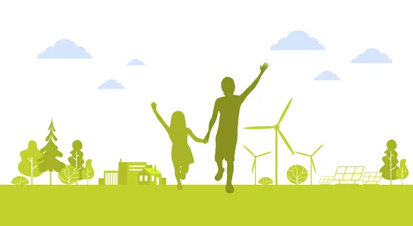 Silhueta Happy Boy Girl Run segurando as mãos Cidade verde com turbina eólica conceito ambiente ecologia natureza limpa —  Vetores de Stock