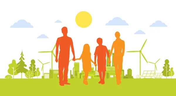 Silhueta família segurando as mãos verde cidade com turbina eólica limpo natureza ecologia ambiente conceito —  Vetores de Stock