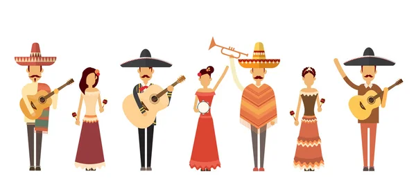 Mexican People Group Wear Traditional Clothes Play Music Instruments Full Length — Stock Vector