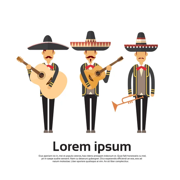 Mexikanische Männergruppe trägt traditionelle Kleidung Interpret mit Musikinstrument Feier in voller Länge — Stockvektor