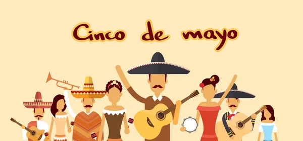Grup Rakyat Meksiko Memakai Pakaian Tradisional Merayakan Hari Libur Nasional Meksiko Cinco De Mayo - Stok Vektor