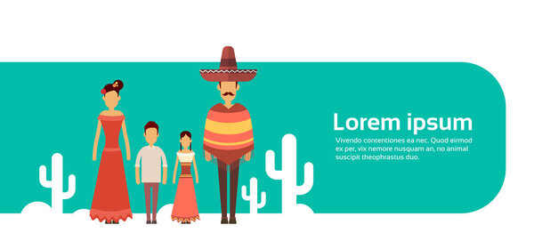Мексиканская семья с двумя детьми носит традиционную одежду Кактус Знамя с копировальным пространством
