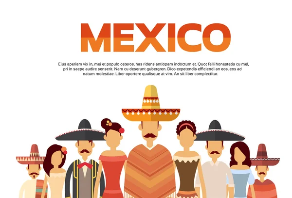 Groupe de personnes mexicaines portent des vêtements traditionnels Bannière mexicaine avec espace de copie — Image vectorielle