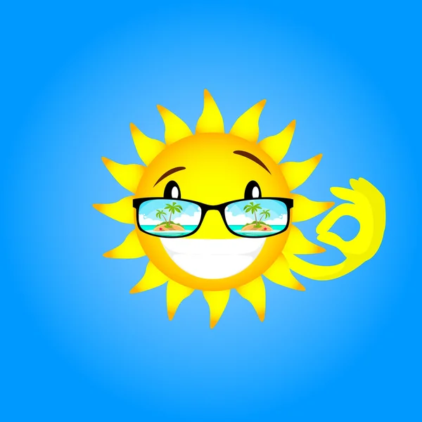 Sun Cartoon Caractère Porter des lunettes avec Tropical Island View Ok geste — Image vectorielle