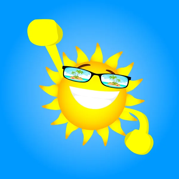 Happy Sun Cartoon Character Hands Up Wear Glasses With Tropical Island View - Stok Vektor