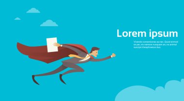 Businessman Super Hero Fly Sky Wear Suit Red Cape Hold Paper Document Copy Space