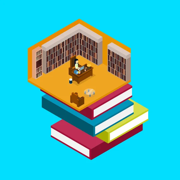 Woman Work At Laptop In Book Store Libraty 3d Isometric — Stock vektor