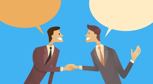 Dos hombres de negocios mano Shake Talking Chat Box Bubble Communication Agreement Concept, Business Man Handshake — Vector de stock