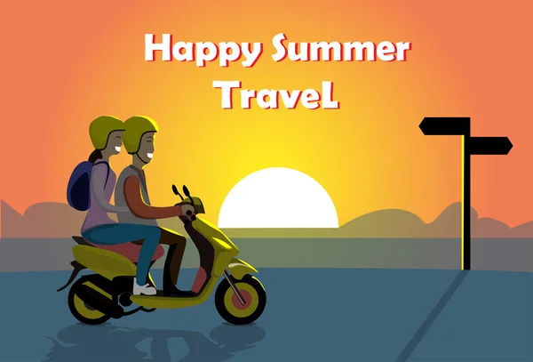 Motocicleta eléctrica de la vespa del paseo de la pareja, hombre mujer sobre la puesta del sol Ocean Beach bandera feliz del viaje del verano — Vector de stock