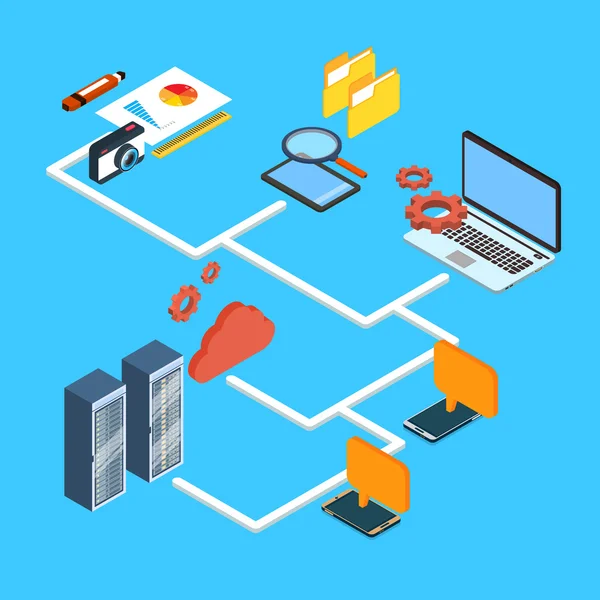 Computador portátil do dispositivo, banco de dados de telefone inteligente celular armazenamento em nuvem 3d Isometric Design —  Vetores de Stock