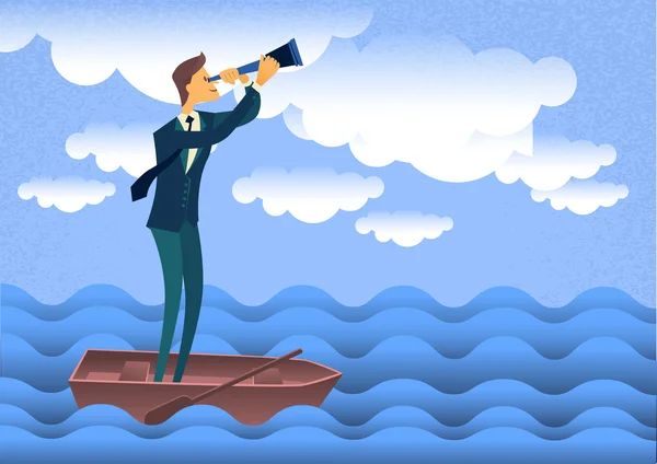 Cartoon Businessman Looking Through Telescope Up Clouds Standing In Boat — ストックベクタ