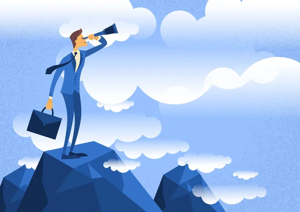 Cartoon Businessman Looking Through Telescope Standing on Top Mountain — стоковий вектор