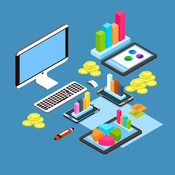 Finanzgrafik Diagramm Diagramm Desktop Computer Arbeitsplatz, Finanzkonzept 3d isometrischer Arbeitsplatz — Stockvektor