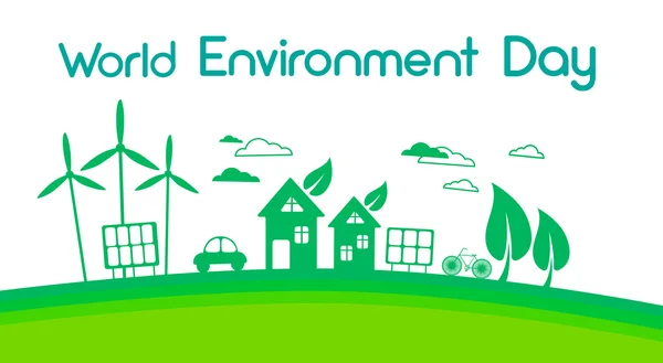 Zelená městská silueta Větrná turbína sluneční energie Světový den životního prostředí — Stockový vektor