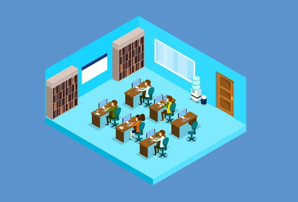 Business People Group Work On Computer Office Interior Isometric 3d — Stock Vector