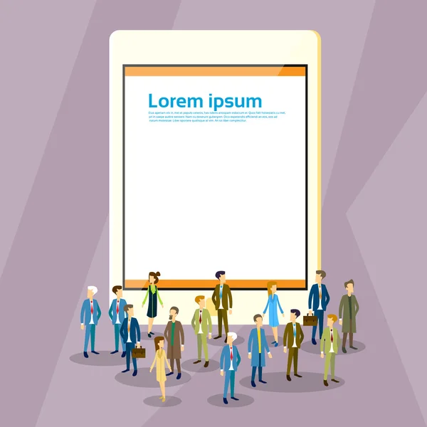 Ділові люди натовп над планшетом екран комп'ютера порожній з копіюванням простору — стоковий вектор