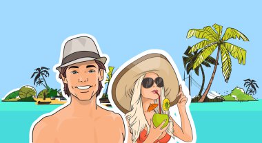 Çift Beach Man Woman In Hat, Kız Güneş Gözlüğü İçecek Kokteyl Sea Shore Tropikal Yaz Tatili