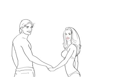 Mayo Çift Hold Hands, Man Woman Sketch