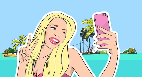 Menina tirar selfie foto praia celular inteligente telefone tropical ilha férias de verão — Vetor de Stock