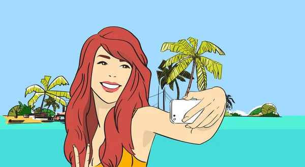 Menina tirar selfie foto praia mar costa no celular inteligente telefone tropical verão férias — Vetor de Stock