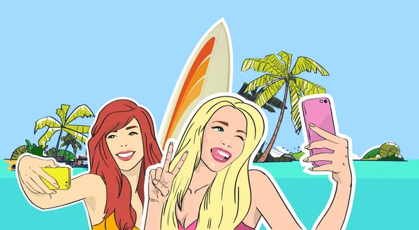 Dvě děvčata Vezměte si selfie Foto Beach mobil elegantní telefon tropický ostrov — Stockový vektor