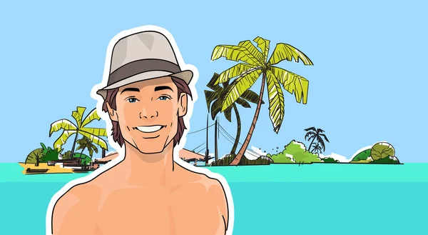 Man in hoed op strand Zeekust tropische zomer vakantie — Stockvector