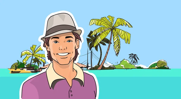 Man Smile Wear Hat On Beach Tropical Island — Stock Vector