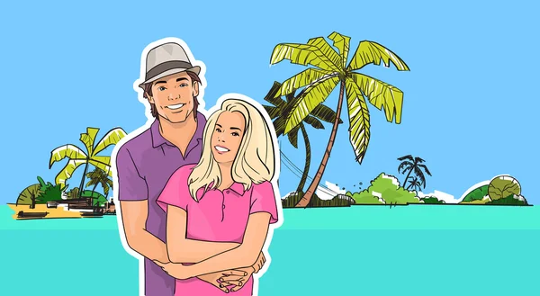 Abrazo de pareja, Hombre Mujer en la playa Mar Tropical vacaciones de verano — Vector de stock