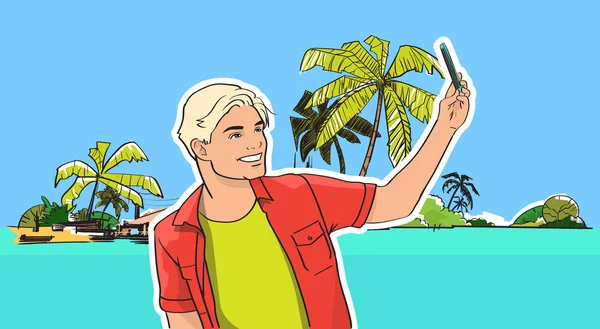 Young Man Take Selfie Photo Beach Sea Shore On Cell Smart Phone Tropical Summer Vacation — Stockvector
