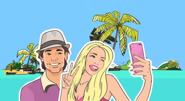 Ζευγάρι πάρει φωτογραφία selfie παραλία τροπικό νησί — Διανυσματικό Αρχείο