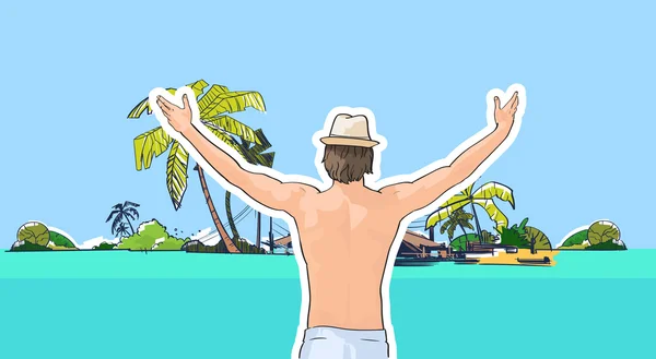 Happy Man In Hat Swimwear On Beach Sea Shore Hands Up Rear View Tropical Summer Vacation - Stok Vektor