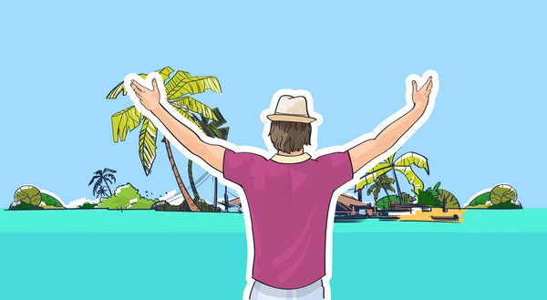 Happy Man In Hat On Beach Sea Shore Mãos para cima Visão traseira Férias de verão tropicais —  Vetores de Stock