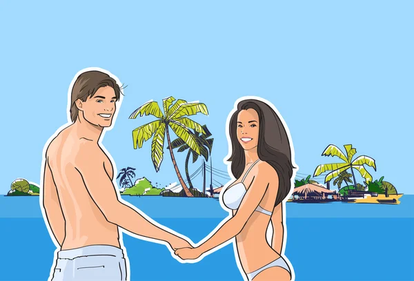 Paar in Badebekleidung halten sich an den Händen, Mann Frau am Strand Meer tropischen Sommerurlaub — Stockvektor