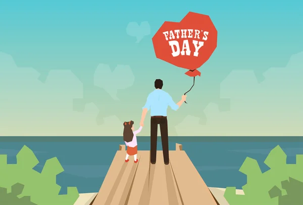 Człowiek i córka trzymać balon ojca dzień wolny, stojąc na drewnianym pomostem — Wektor stockowy