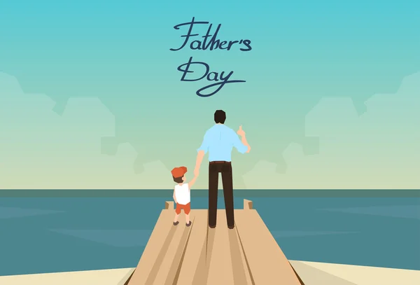 Vacaciones del día del padre del hombre y del hijo en el muelle de madera — Vector de stock