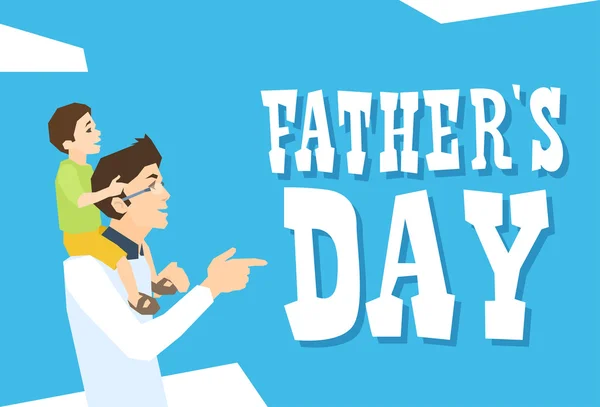 Vader dag vakantie, gelukkig zoon zitten op Papa schouder — Stockvector