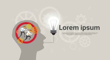 İş adamları karikatür Head ampul ekip çalışması kavramı düz vektör çizim içinde çalıştırmak