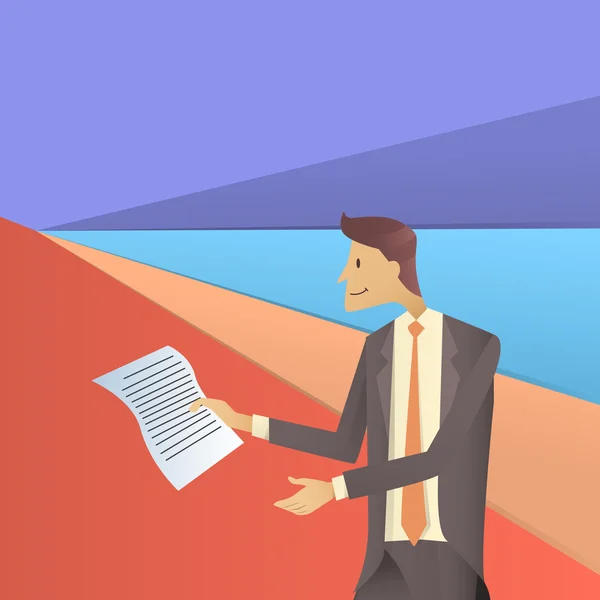 Homem de negócios segurar documentos de papel, Inscrever-se, Contrato Concept Flat — Vetor de Stock