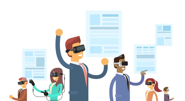 Grupo de pessoas de negócios equipe usar realidade óculos digitais Headset Read Virtual News Paper —  Vetores de Stock