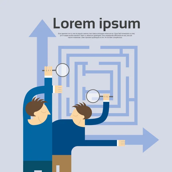 Empresario mantenga la lupa Elija la dirección Laberinto — Vector de stock