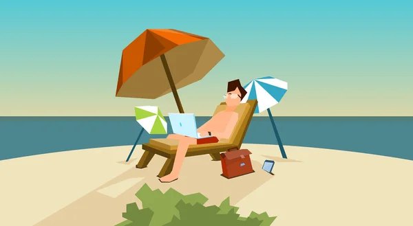 Homme freelance lieu de travail à distance sur chaise longue en utilisant la plage d'ordinateur portable — Image vectorielle