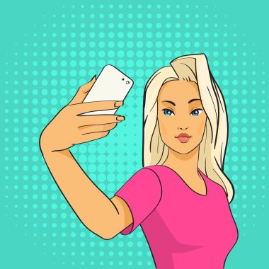 Selfie fotoğrafta akıllı telefon Pop Art Retro tarzı üzerinde güzel kız Blogger