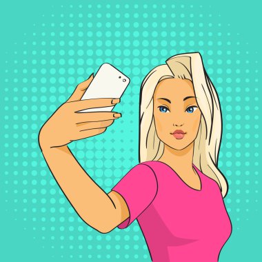 Pretty Girl Blogger Taking Selfie Photo On Smart Phone Pop Art Retro Style clipart