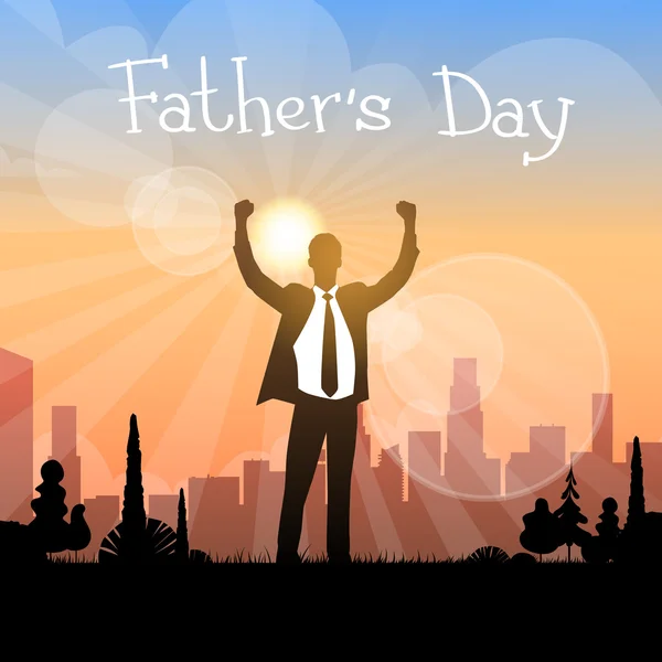 Father Day Holiday, Silhouette Dad Raised Hands — Stock Vector