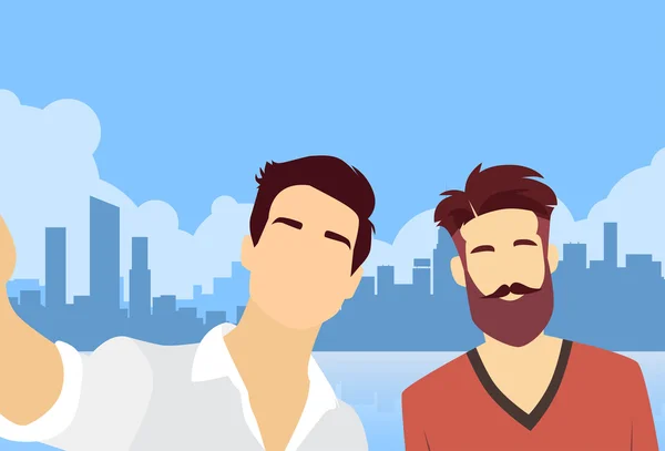 Twee Man nemen Selfie Foto Video Blog — Stockvector
