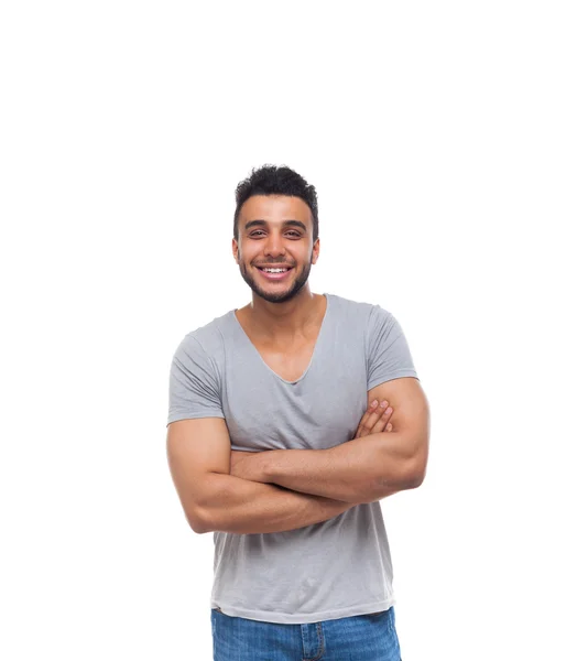 Casual hombre feliz sonrisa joven guapo chico doblado manos — Foto de Stock