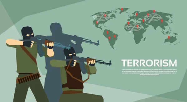 Ένοπλη τρομοκρατική ομάδα πάνω από τον παγκόσμιο χάρτη έννοια της τρομοκρατίας — Διανυσματικό Αρχείο