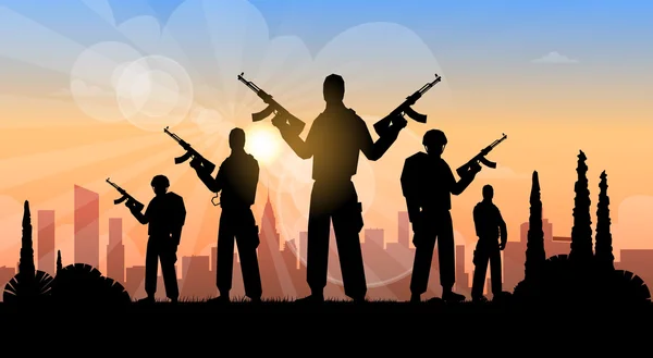 Προβολή Banner τρομοκρατική ομάδα πάνω από πόλη — Διανυσματικό Αρχείο