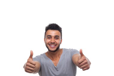 Casual Man Hold Thumb Up Happy Smile Genç Yakışıklı Guy
