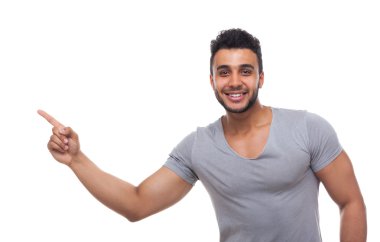 Rahat Yakışıklı Adam Nokta Parmak Köşede Boşluk Kopyalamak için